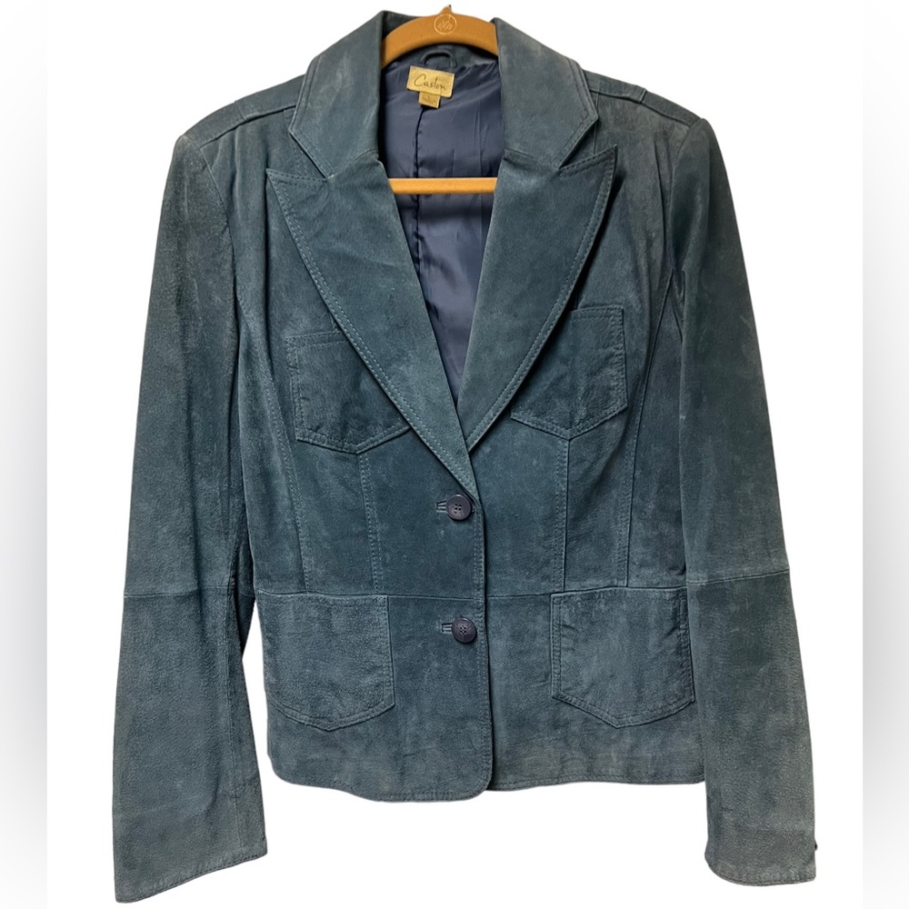 Caslon Vintage Blue Suede Blazer faded Leather Split Sleeves 4 Pocket Full Lined - Picture 5 of 15